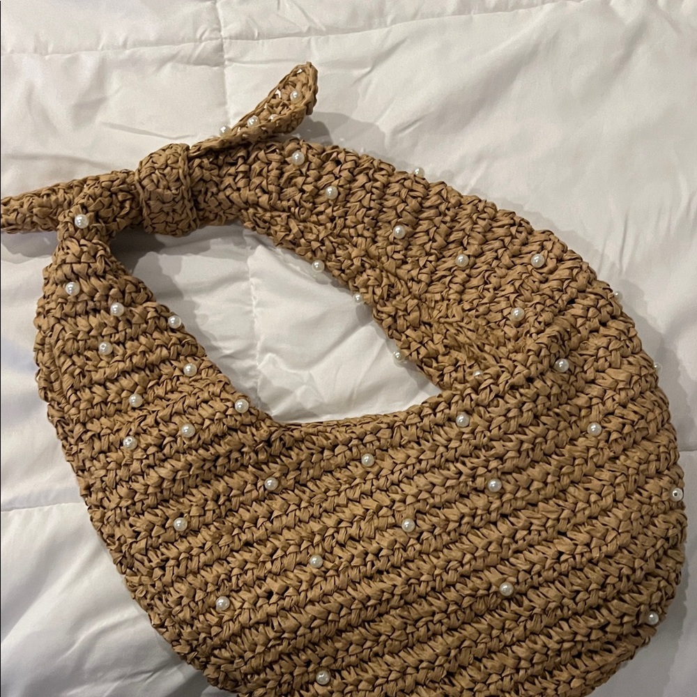 Haute Hippie Tan Woven Purse with Pearl Accents.